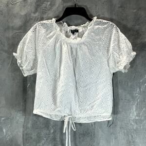 1.STATE Women's Ultra White Eyelet Raglan Sleeve Tie-Hem Crop Top SZ S